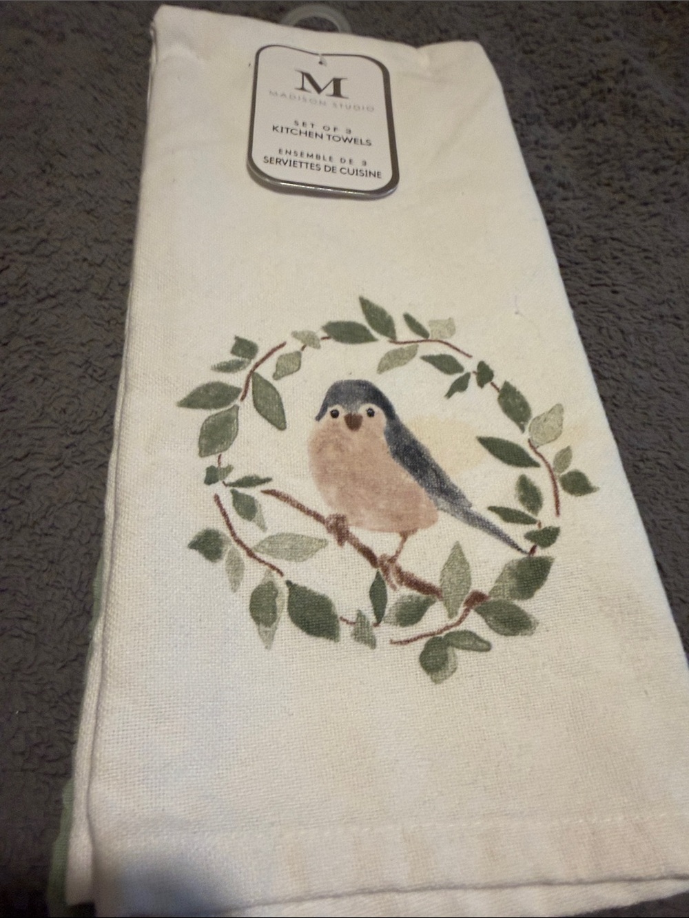 Madison Studio Cream Kitchen Towel with Bird and Green Wreath